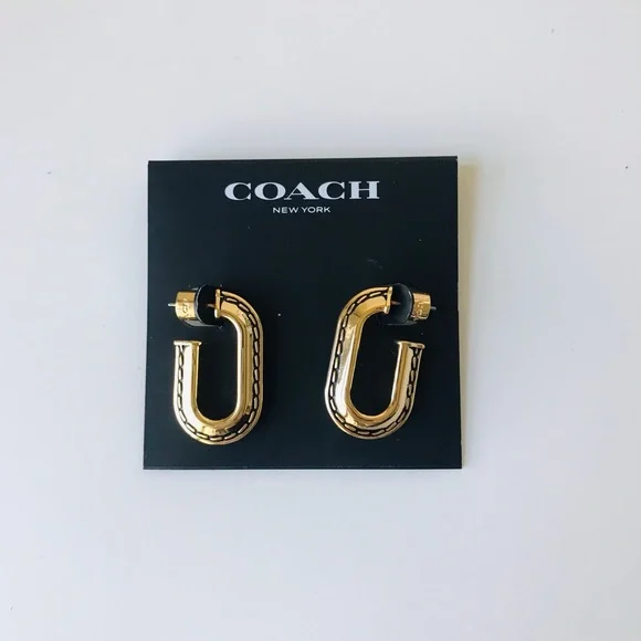 Coach Large Stitched Chain Link Gold Earrings, NWT - Picture 15 of 16